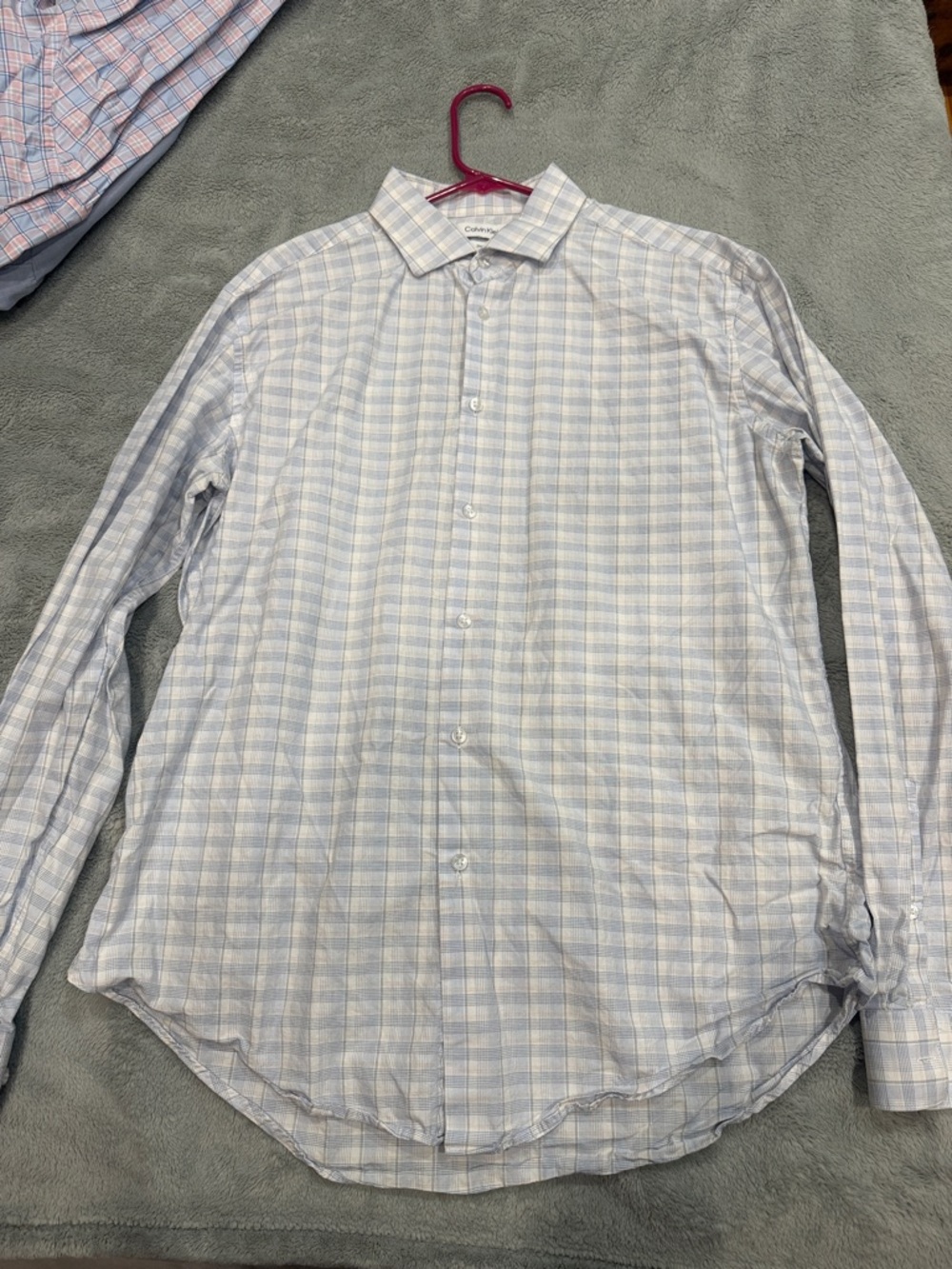 Calvin Klein Light Blue and White Plaid Dress Shirt
